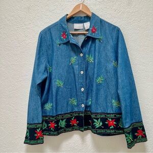 VTG Blair Denim Jean Jacket Embroidered Poinsettia Christmas Holiday Button‎ Up